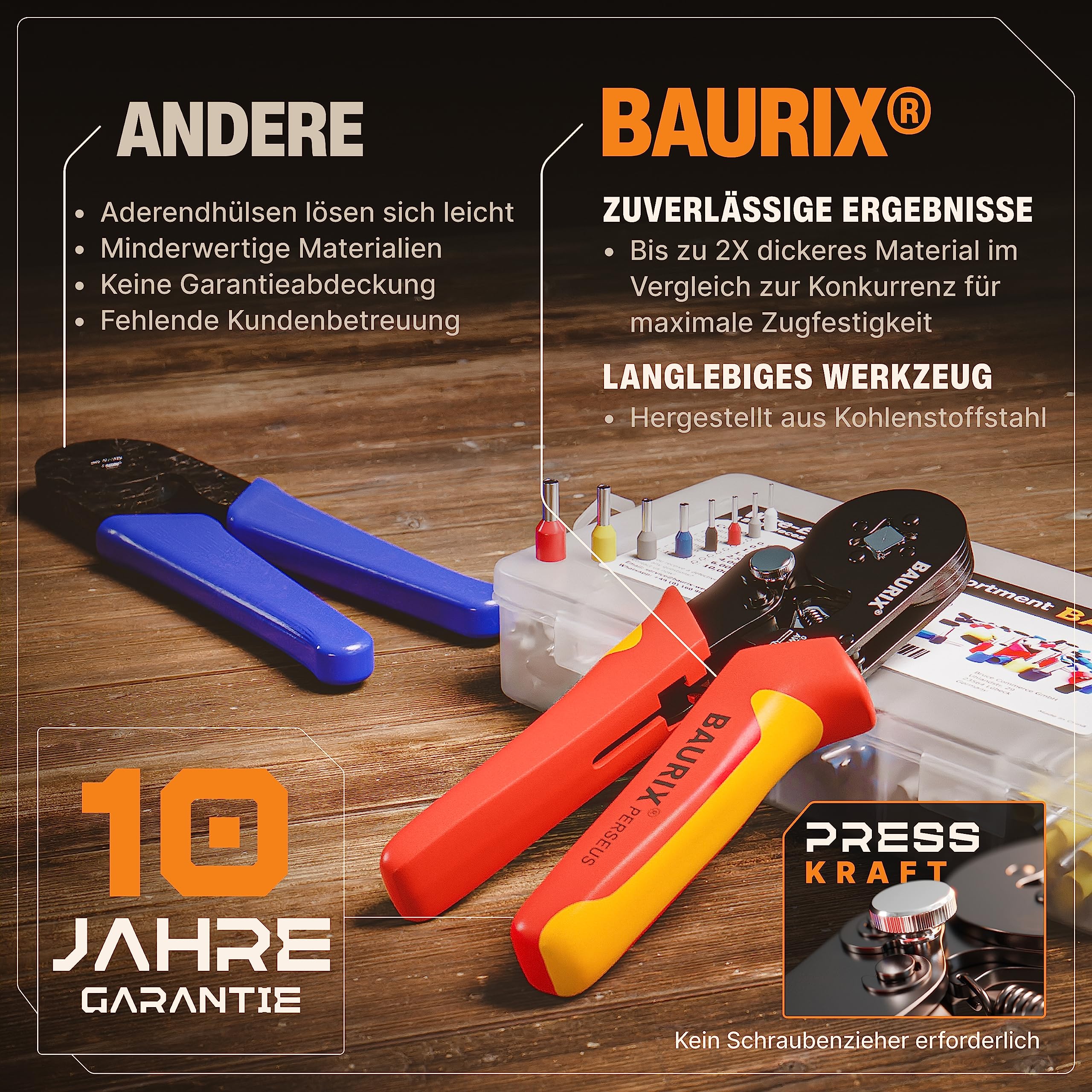 BAURIX® Crimpzange Set mit 1800 Aderendhülsen Set I Aderendhülsenzange selbsteinstellend [Für 0,25-10mm²] I Krimpzange, Crimpzangen, Crimp Zange, Presszange - Modell: PERSEUS (4-Kant) 6