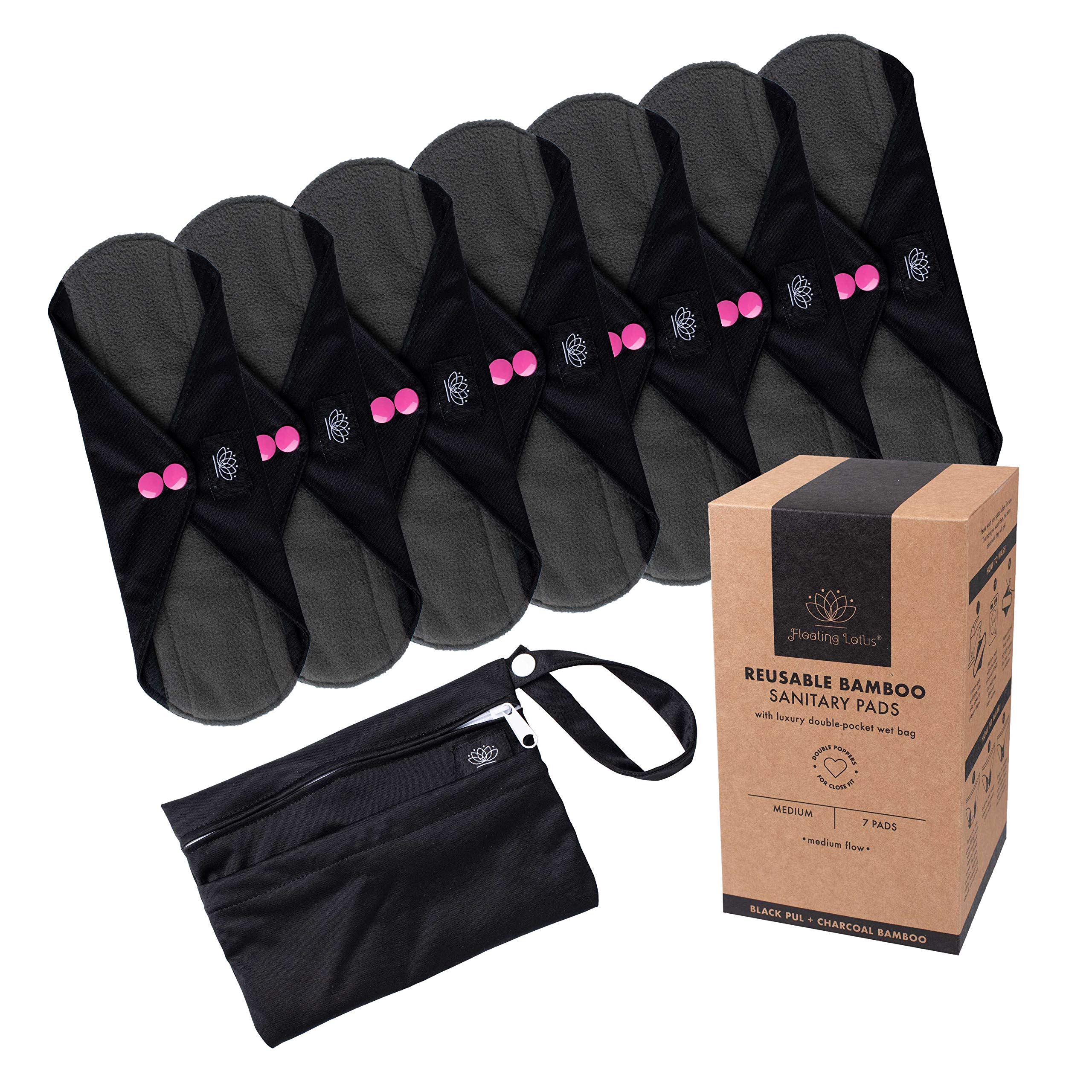 FLOATING LOTUS Reusable Sanitary Pads (7pk Medium: Light to Medium Period Flow) Black Washable Bamboo Menstrual Towels Panty Liners inc Waterproof Bag