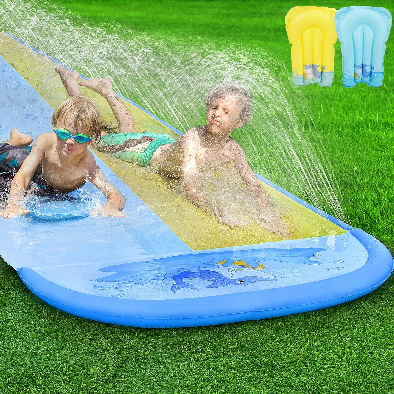 Pomeat 20ft x 62in Slip and Slide Water Slide with 2 Bodyboards, Shark Water Slip Slide for Kids with Sprinkler, Outdoor Summer Water Toy for Backyard, Lawn, Garden, Summer Water Party: Health & Personal Care