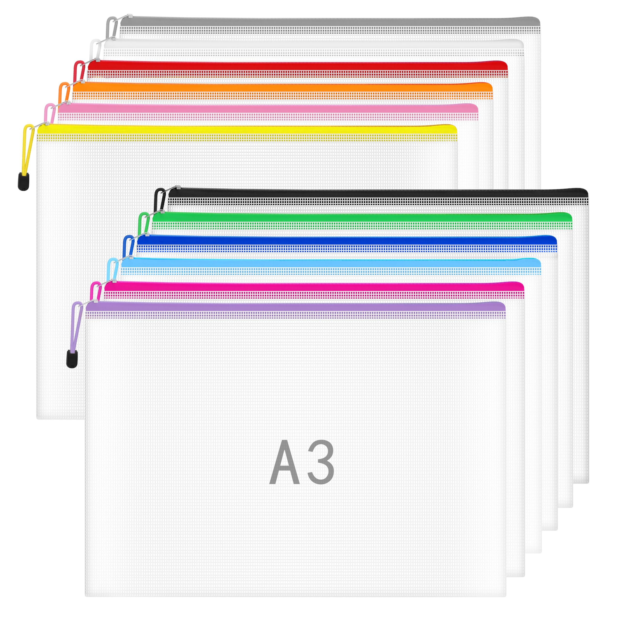 A3 Zip Wallets Plastic Wallet A3 Document Folder Zipper Bags Large Ziplock Bag Mesh Zip Bag for School Office Travel Storage - 12 Colours