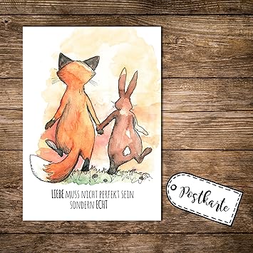 Ilka Parey Wandtattoo Welt A6 Postkarte Karte Print Fuchs Und Hase Mit Spruch Liebe Muss Nicht Perfekt Sein Sondern Echt Pk06