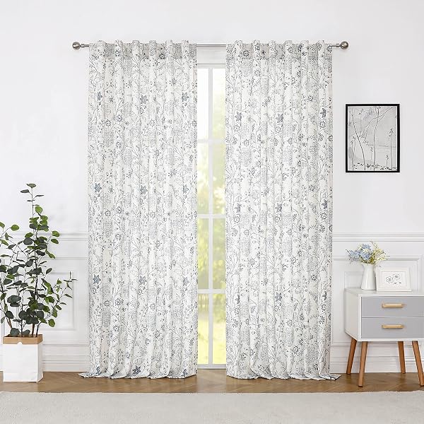 VISION HOME BLUE FLORAL LINEN CURTAINS BACK TABS ROD POCKET SEMI SHEER FARMHOUSE WINDOW CURTAINS FOR BEDROOM LIVING ROOM LIGHT FILTERING DRAPES 63 INCH BLUE ON BEIGE 2 PANELS,54″ WX63 L