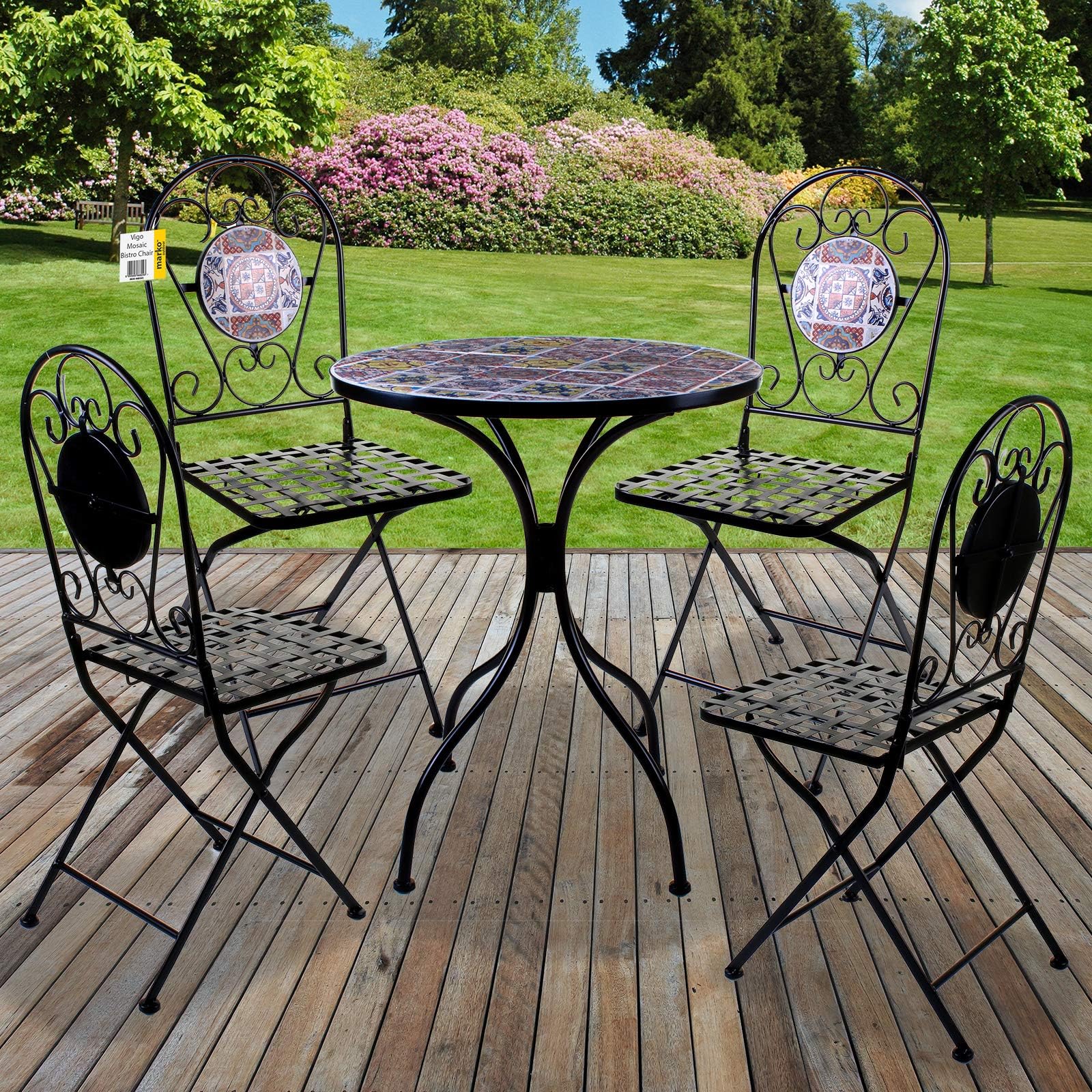 Marko Outdoor 5PC Mosaic Bistro Sets Round Table Folding Chairs Outdoor Garden Patio Cafe Furniture Al Fresco Dining (Vigo)