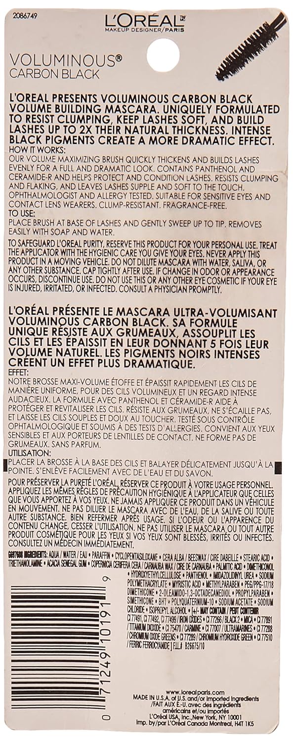 L’Oreal Paris Makeup Voluminous Original Volume Building Mascara, Carbon Black, 0.26 Fl Oz : Beauty