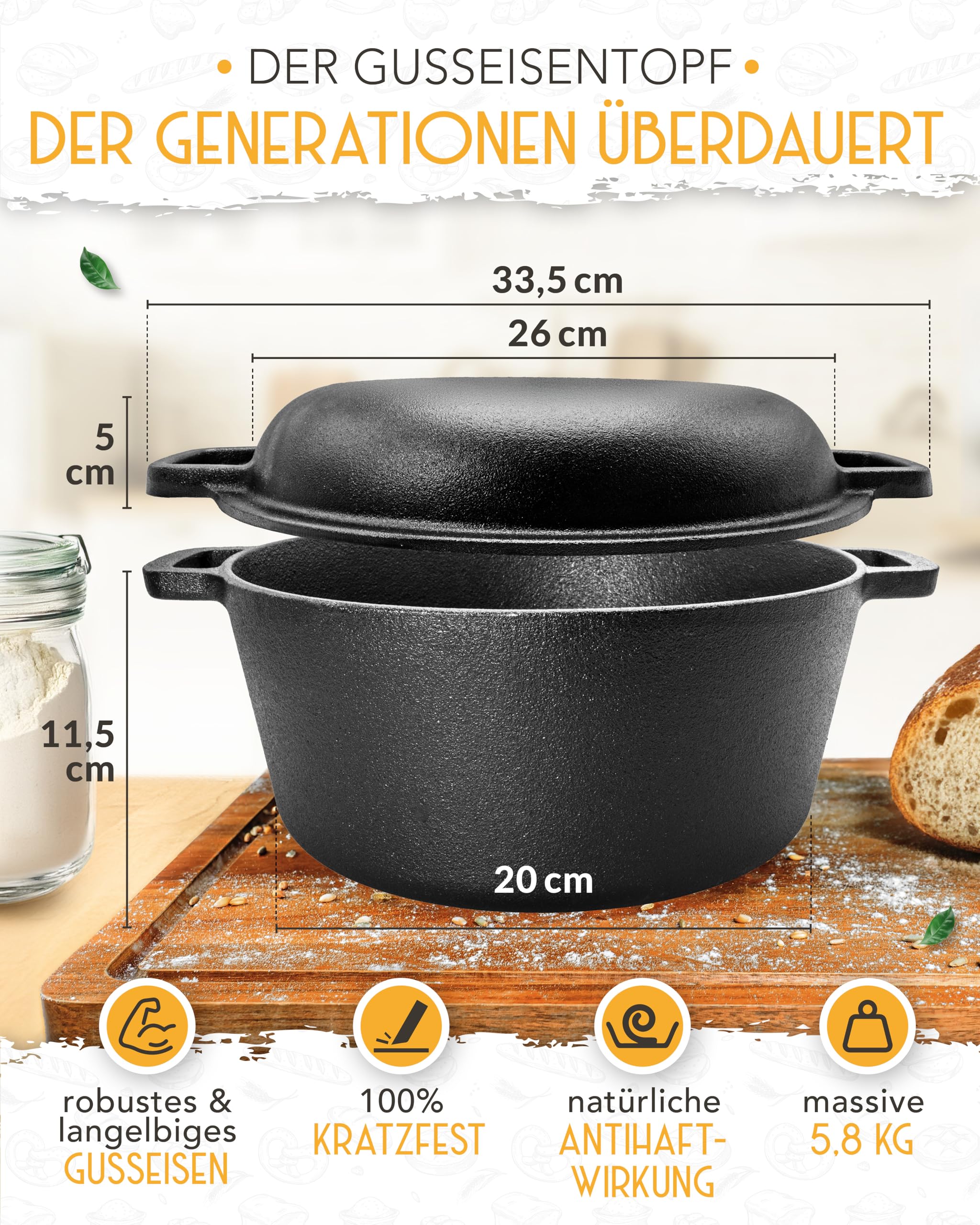 KRUSTENZAUBER Gusseisen Topf Brot Backen im XXL Set - Brotbackform mit Deckel inkl. Gärkorb, Schneebesen, Bäckermesser, Teigschaber, Brotschlinge und mehr - Perfektes Brotbacktopf Set für Anfänger 3