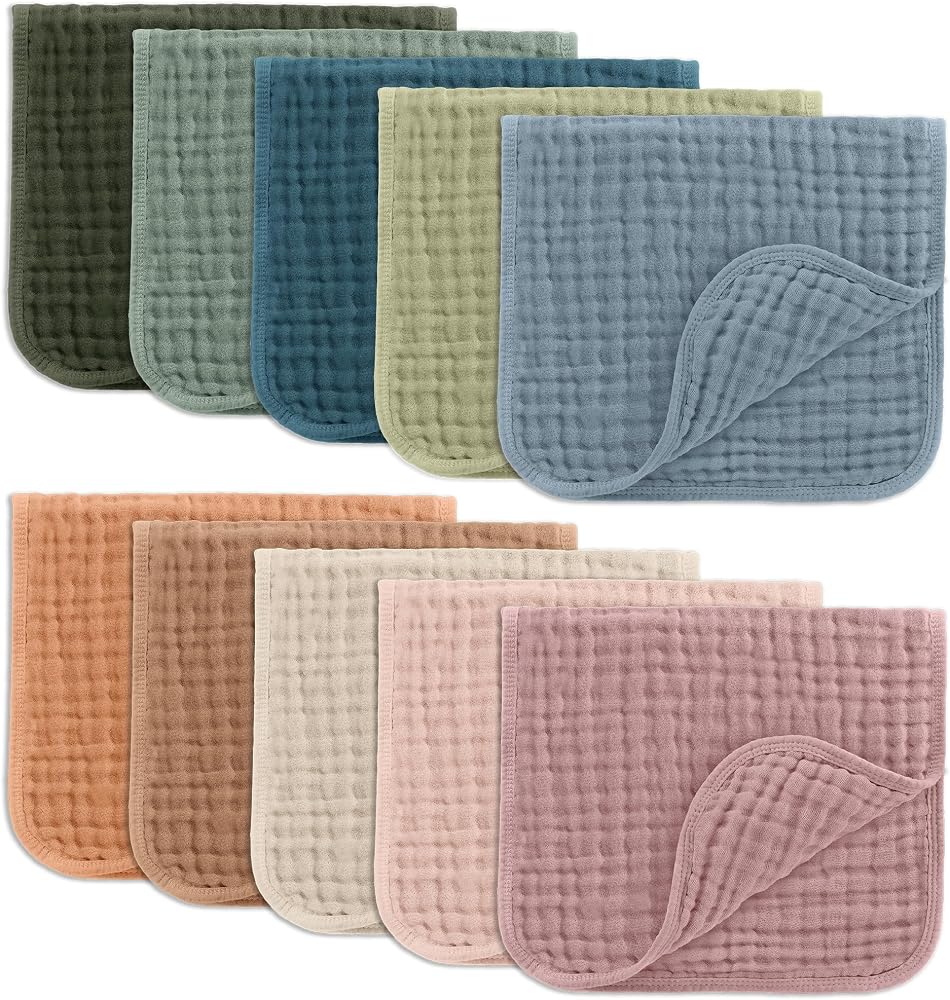 Comfy Cubs Muslin Burp Cloths 20x10" 10 Pack, Baby Burp Cloths - Multi | Large, 6-Layer, Ultra Absorbent 100% Cotton Burp Clo