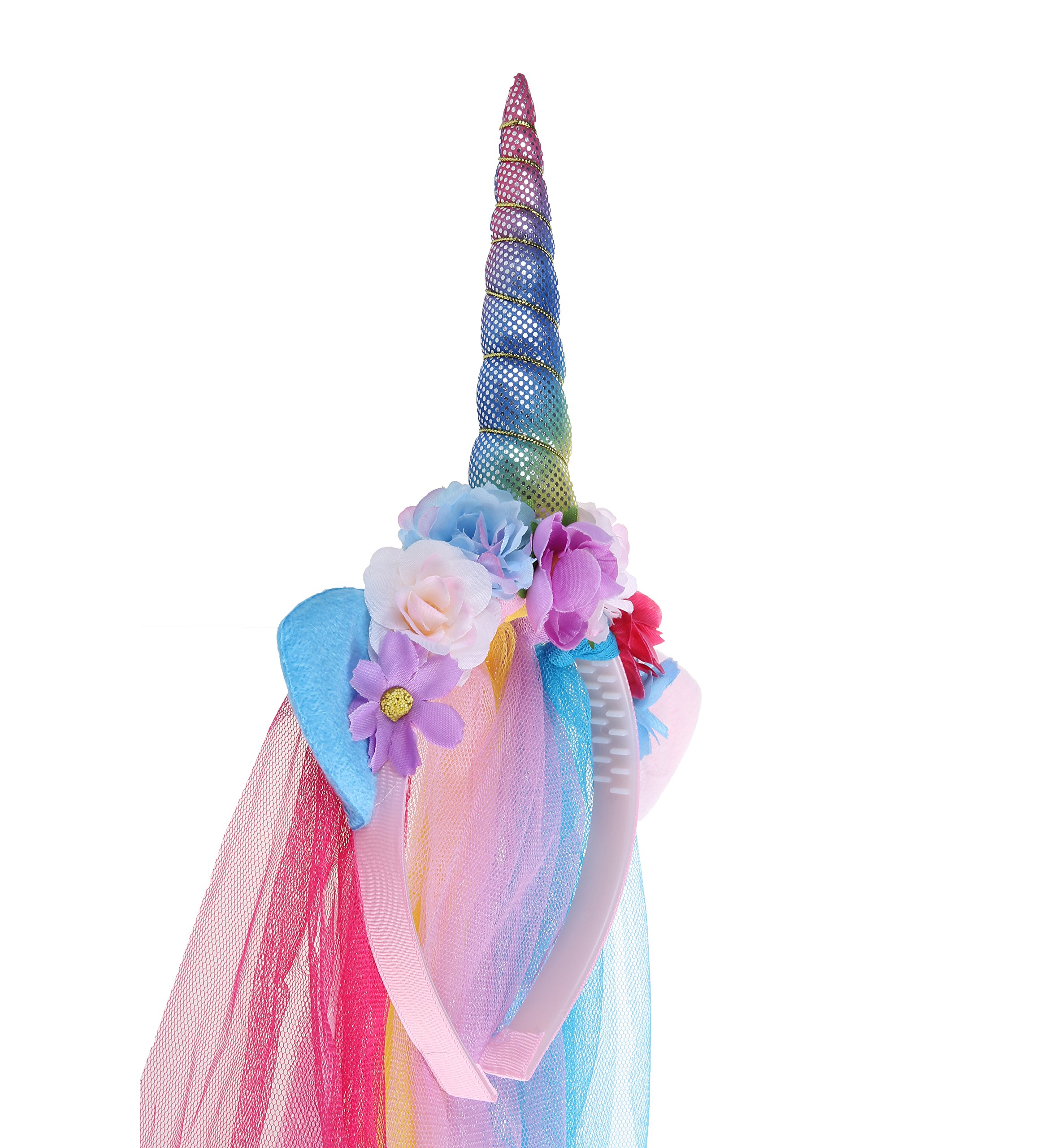 Rainbow Unicorn Headband With Tulle Mane Featuring A Rainbow Horn, Pastel Cat Ears, and Flowers