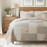 SLPR Walk in The Cotswolds Patchwork Cotton Pieced Quilt Set - Queen Size with 2 Shams, Neutral Floral & Cream Cottage Quilted Bedspread, French Country Farmhouse Bedding for All Seasons