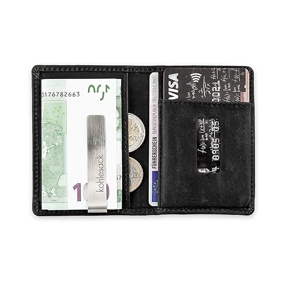 kohlesack | Kleine Geldbörse mit Geldklammer für 5-6 (+2) Karten aus echtem Leder | Mit RFID Blocker | schwarz