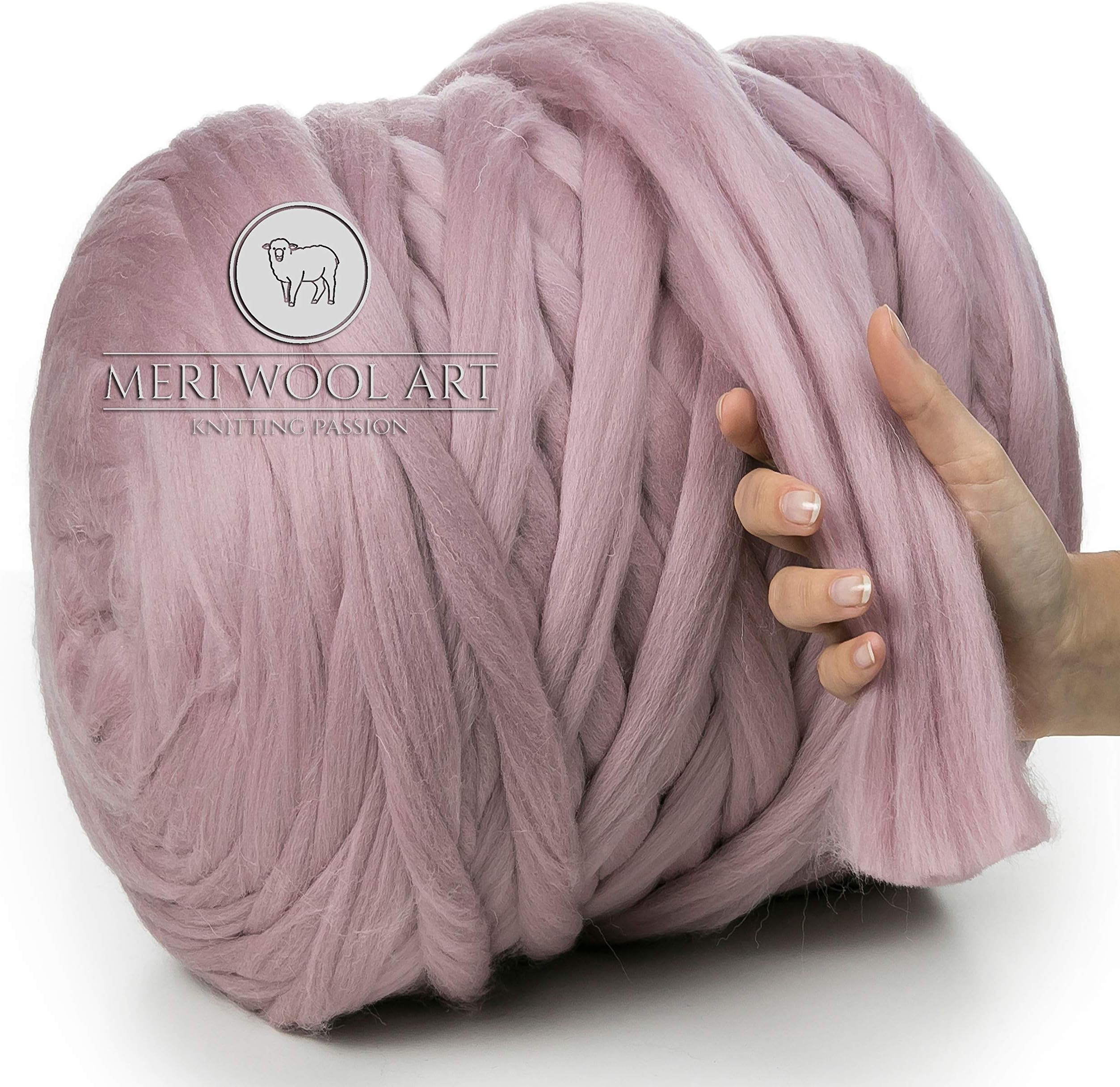 MeriWoolArt 100% Merino Wool Chunky Yarn Super Soft 25 Micron Extra Thick | 4-5 cm |, Hand Knitting, Blanket, Throw, Scarves, Roving, Spinning, Felting (Powder Pink, 100g)