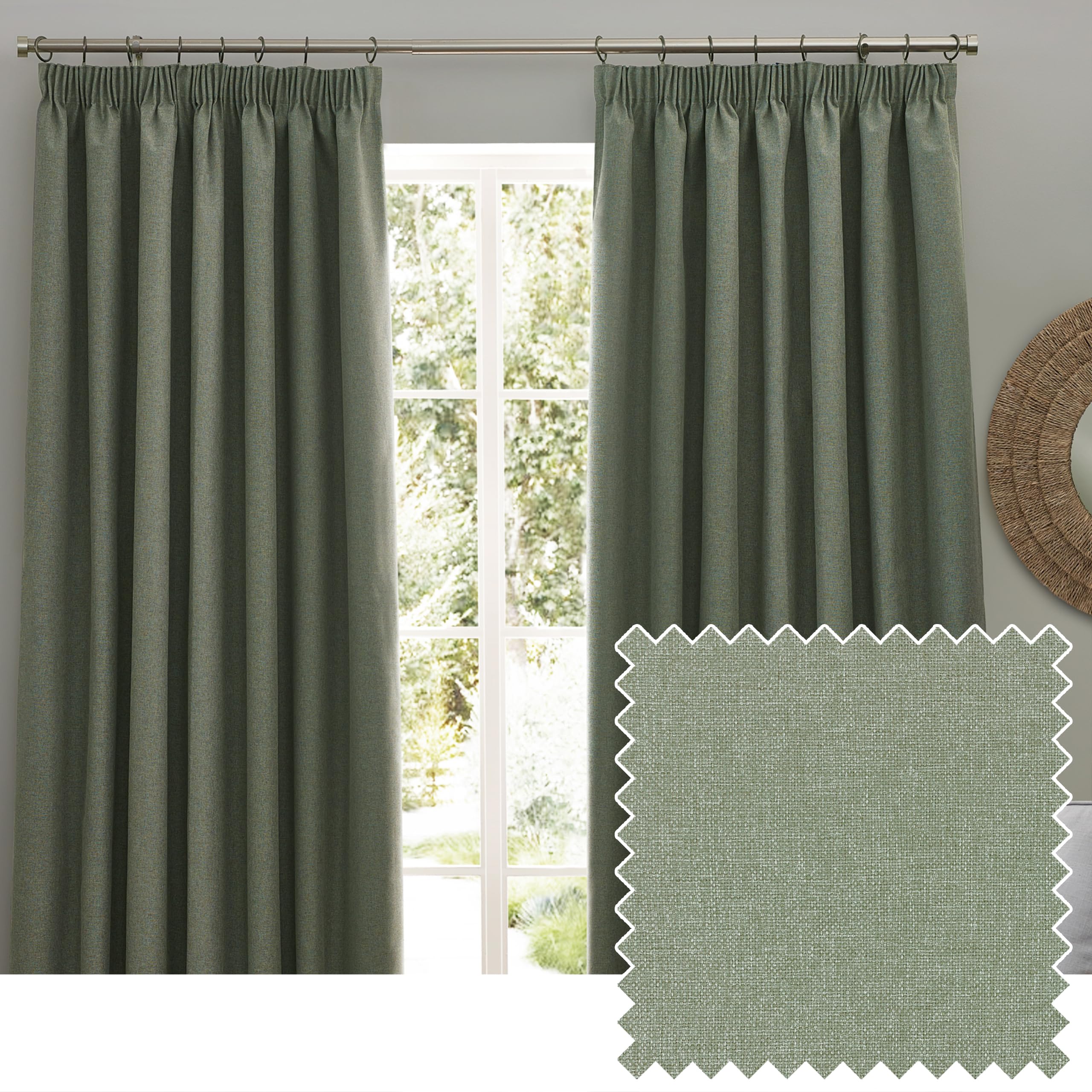 furn. Dawn Textured Blackout Pencil Pleat Curtains – Thermal Lined Pair (Eucalyptus - Width 229 x Drop 137cm)