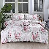 FADFAY 3Pcs Pink Rose Floral Comforter Set Queen Vintage Floral Summer Quilt 100% Cotton Fabric with Soft Microfiber Inner Fill Bedding Lightweight Reversible All Season Down Alternative Duvet Insert