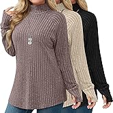 Ficerd 3 Pack Women's Plus Size Turtleneck Sweater Tunics, Long Sleeve Thumbhole Ribbed Tops Curved Hem Loose Pullover Shirts