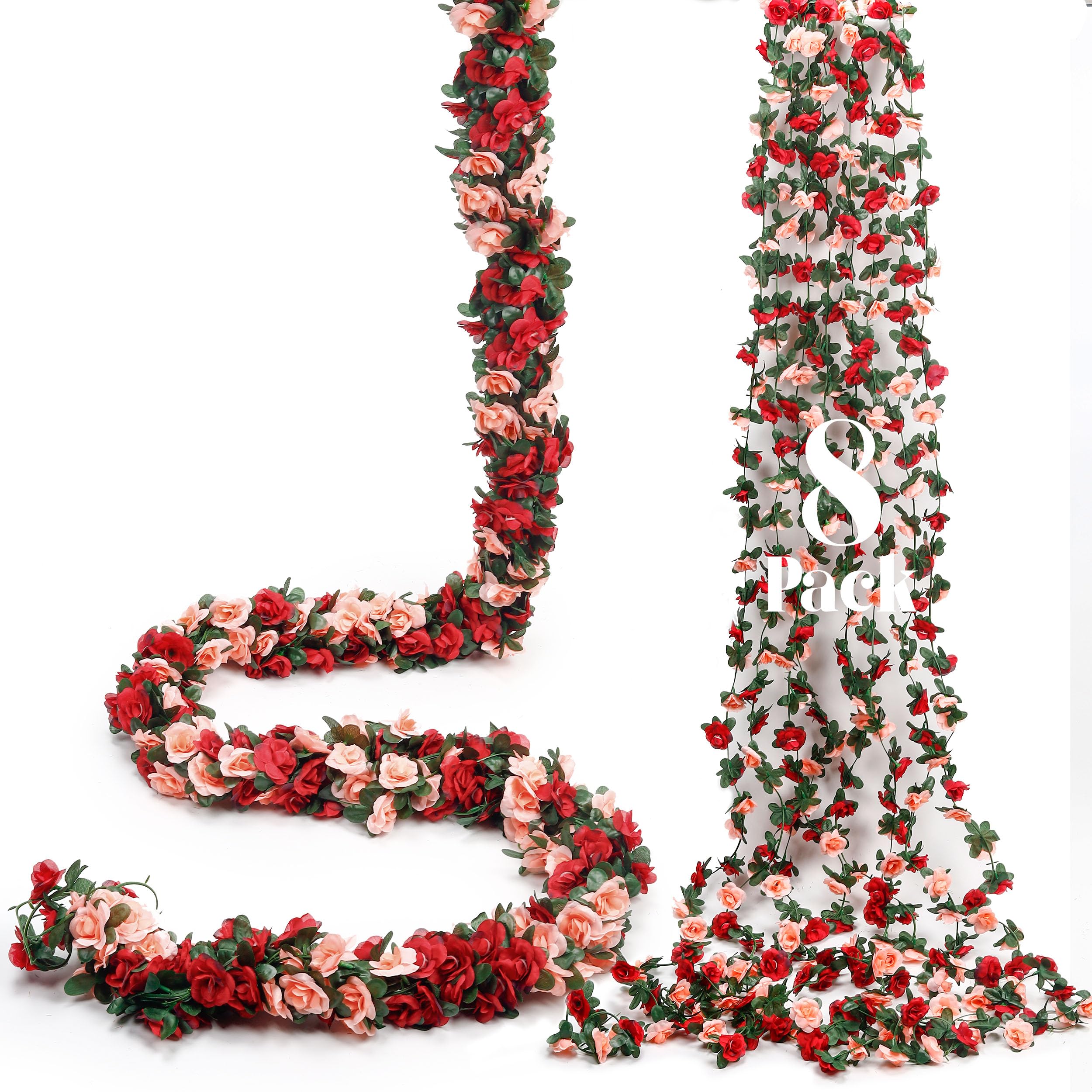 Photo 1 of Miracliy 8Pcs 66FT Red Flower Garland, Orange Artificial Rose Floral Vines Fake Hanging Spring Flower Garland for Wall Backdrop Wedding Arch Tea Party Door Mantle Decoration
