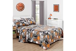 Chezmoi Collection 3-Piece Kids/Teens Basketball Sheet Set - Soft Microfiber Gray Orange Black Printed Sports Basketball Slam Dunk Fun Kids Sheets, Twin Size