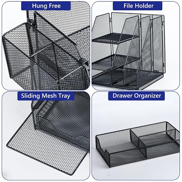 TOPWEY DESK ORGANIZER, FILE ORGANIZER FOR DESK WITH 2-TIER PAPER LETTER TRAY, DRAWER AND 2 PEN HOLDER, MESH DESKTOP ORGANIZATION WITH MAGAZINE HOLDER FOR OFFICE SUPPLIES