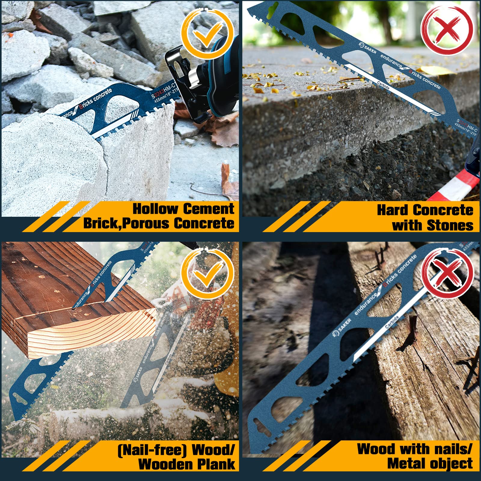 Saker Saw Blade-Demolition Masonry Reciprocating Hard Alloy Saw Blades for Cutting Wood, Porous Concrete, Brick Combination Pack(4 PCS), Blue