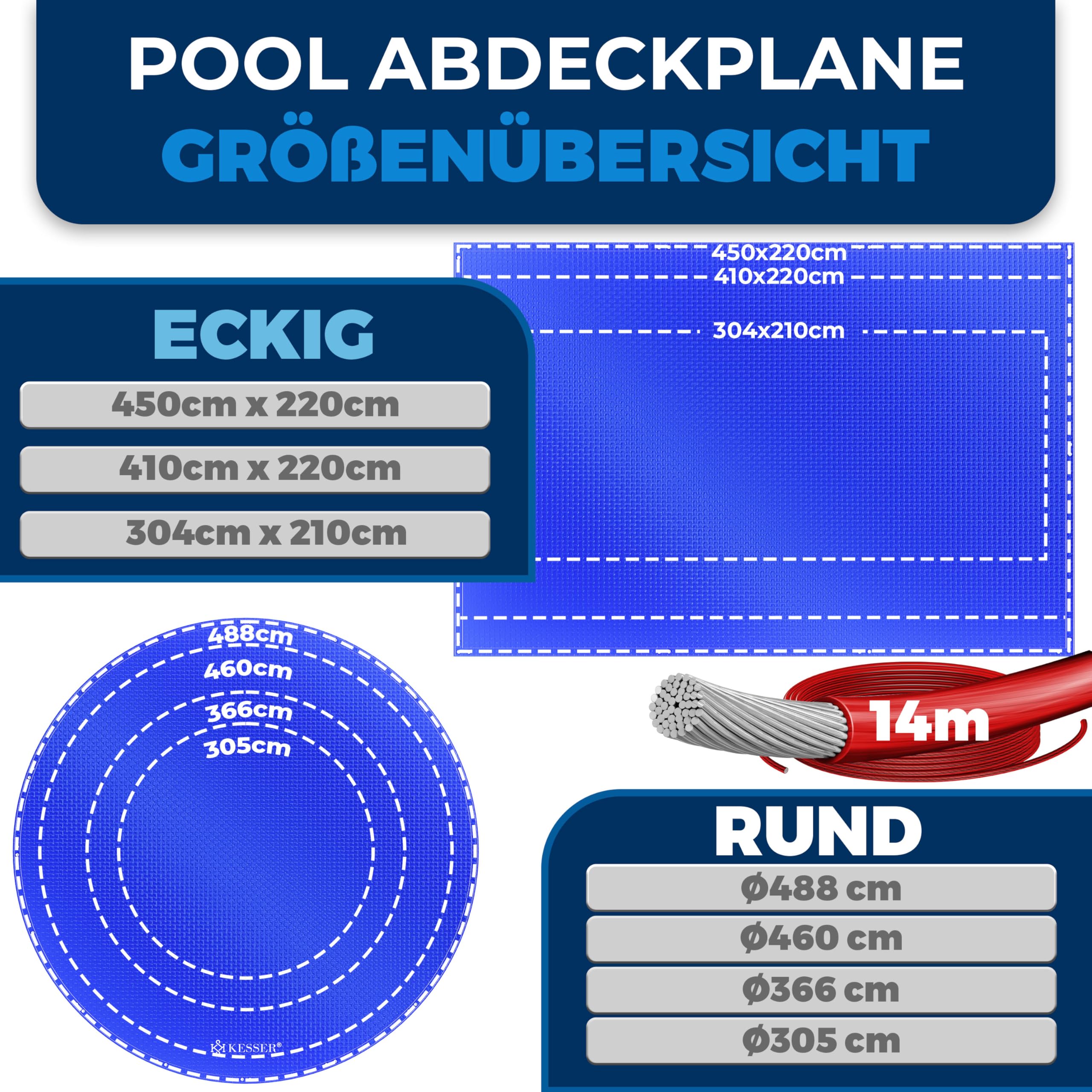 KESSER® Solar Poolabdeckung Pool Abdeckplane Rund Ø305cm Poolplane 200g/m² PE Material Inkl. Stahlseil + Seilspanner mit Ösen Solarplane Abdeckung UV-resistent, Wetterfest für Sommer & Winter 8