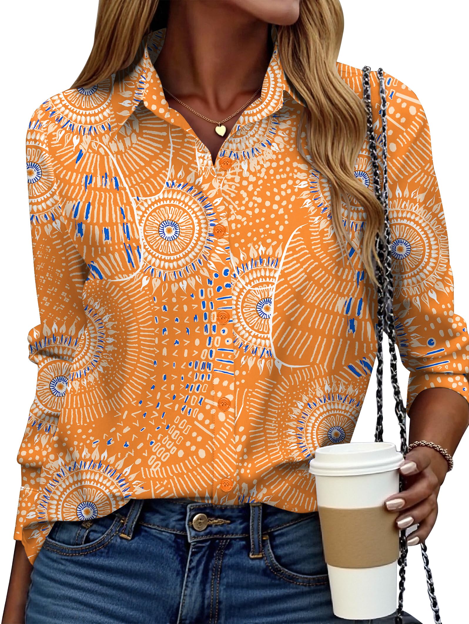 Photo 1 of Zeagoo Womens Button Up Blouse Long Sleeve Shirts Boho Tops Fall Dressy Oversized Fall Outfits Orange Printed XL