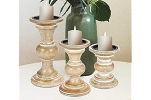 HOMEBIA DESIGNS Candle Stands Wooden for Pillar Candles,Rounded Turned Colums, Sustainable Woods, Country Style, Ideal for Reiki, Aromatherapy, Votive Candle Gardens Home décor - 10,8,6 Inch Set of 3 - White Wash