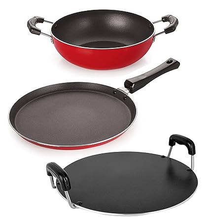 Nirlon Non-Stick Aluminium Cookware Set, 3-Pieces, Red (2.6mm_FT13_KD12_RT)