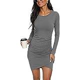 GRECERELLE Women's Sexy Fashion Ruched Stretchy Dress Crew Neck Casual Bodycon T Shirt Short Mini Dresses