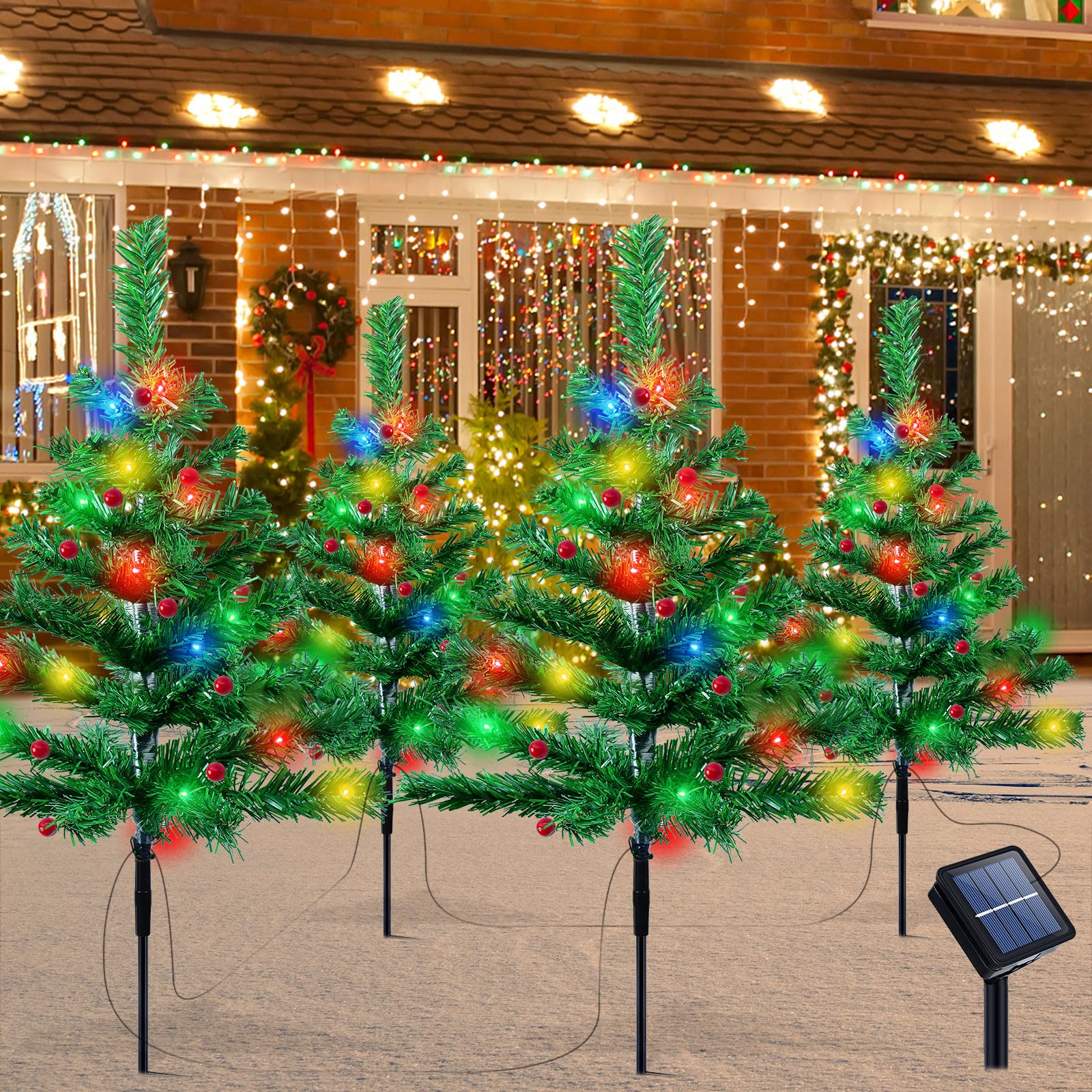 Fohil 4 Pack Outdoor Solar Christmas Decorations, Solar Christmas Tree with 80LED Lights Small Christmas Tree with Red Berries Xmas Accessories for Christmas Outdoor Pathway Garden Yard Decor
