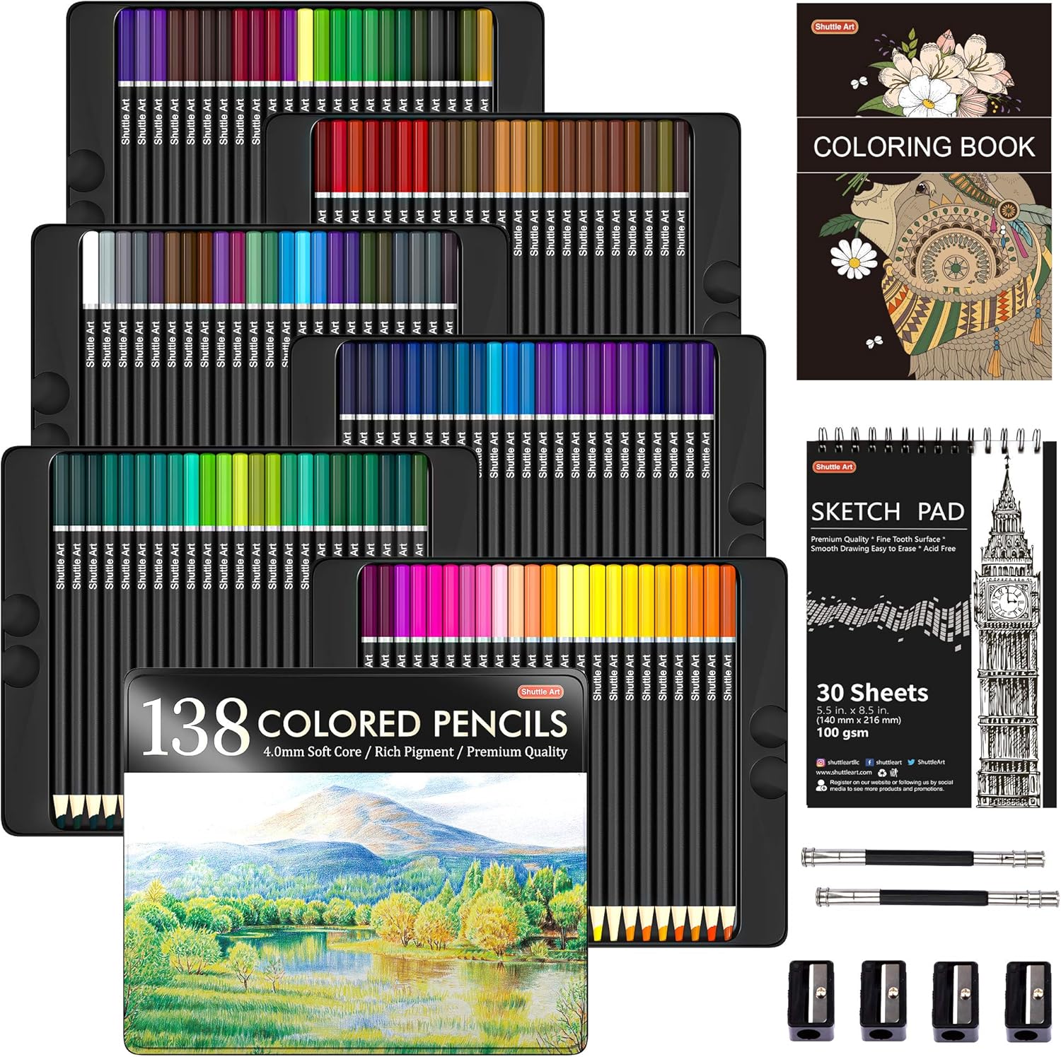 Amazon Com 138 Colors Professional Colored Pencils Shuttle Art Soft Core Coloring Pencils Set With 1 Coloring Book 1 Sketch Pad 4 Sharpener 2 Pencil Extender Perfect For Artists Kids Adults Coloring Drawing Office Products