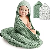 FIEMOL Baby Bath Towels, 100% Muslin Cotton Hooded Baby Towels for Newborn, 2 Pack Baby Towels with Hood for Infant Toddler and Kids, Large 32x32Inch Unisex Bath Essentials, Soft and Absorbent