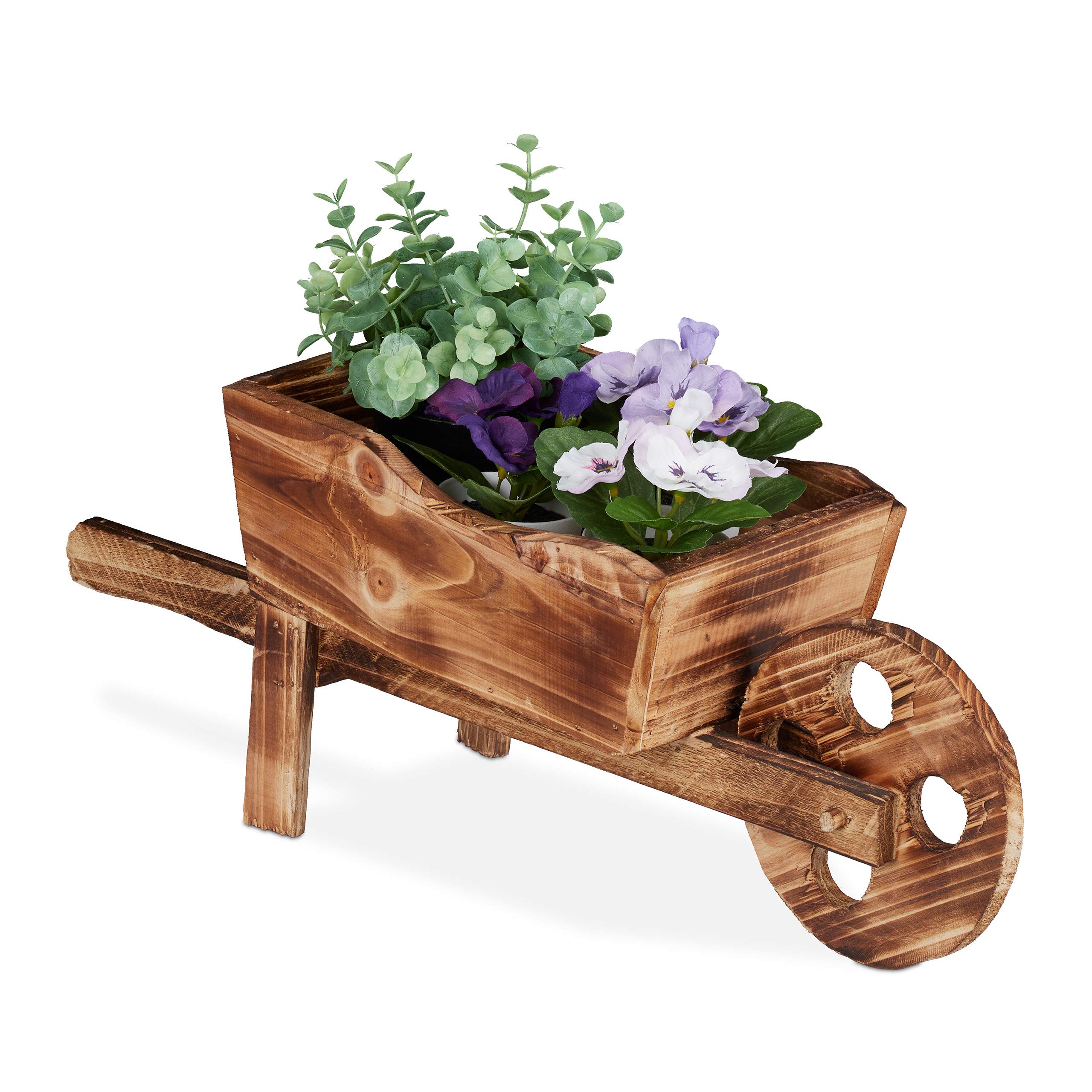 Relaxdays Wheelbarrow Planter Burnt Wood, Garden Ornament, Vintage Design, 19 x 47 x 15 cm, Flowers & Plants, Natural
