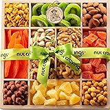 Nut Cravings Gourmet Collection - Dried Fruit & Mixed Nuts Gift Basket in Reusable Wooden Tray + Ribbon (12 Assortments) Food