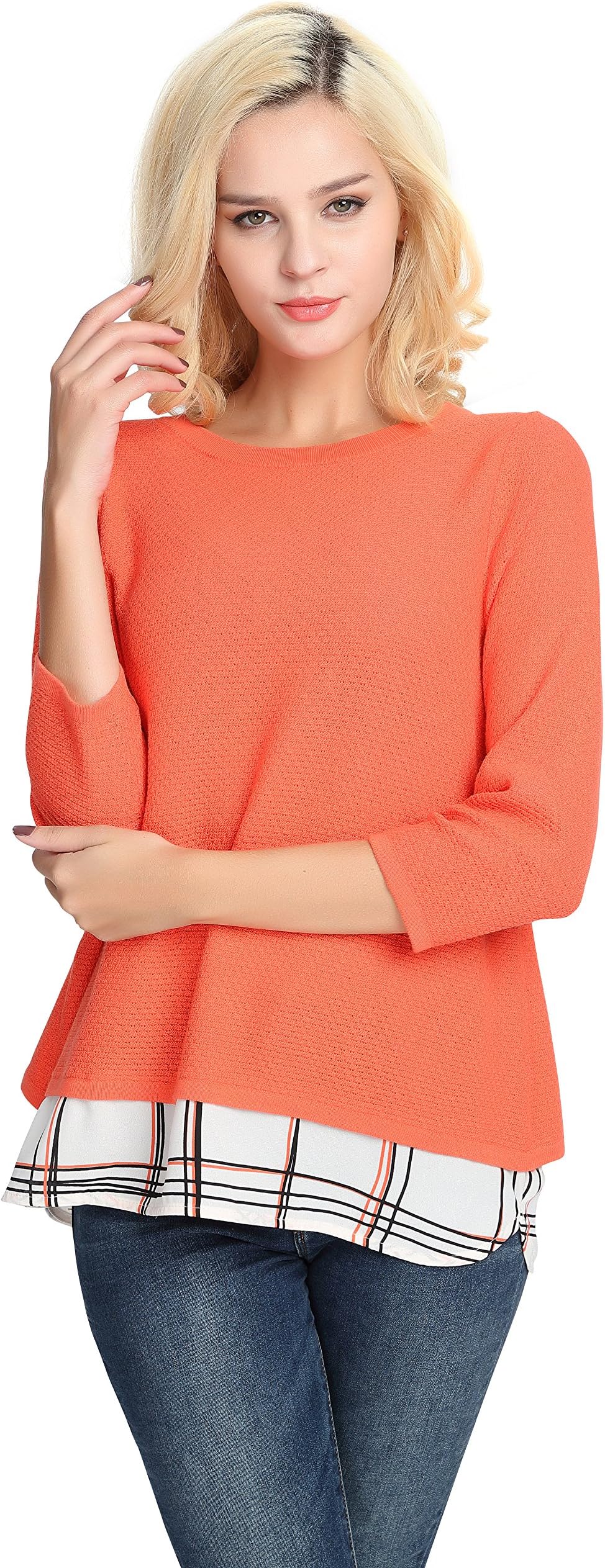 Women's Sweater, Pullover Autumn Women Top 3/4 Sleeve 2Fer Loose Casual Pullover Layered Sweater