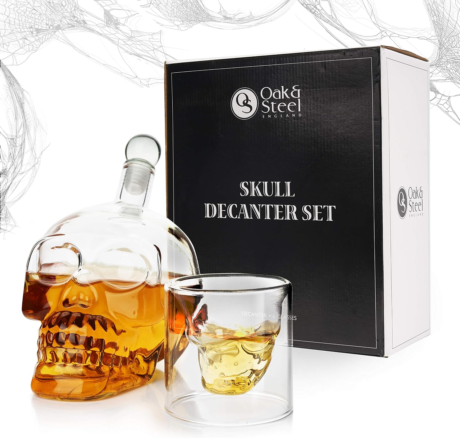 Oak & Steel, Skull Glass Decanter and 6 Skull Glass Shot Glasses, Premium Wine and Whiskey Dispenser
