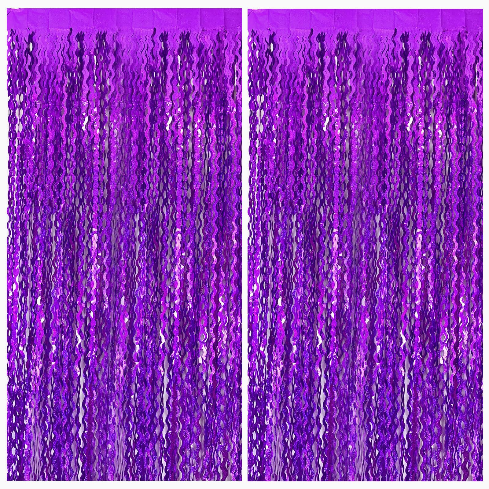 Photo 1 of 2 Pack Purple Backdrop Tinsel Foil Fringe Curtains Sparkle Metallic Wavy Foil Fringe Backdrop Curtain Photo Booth Props for Halloween Party Decorations Birthday Graduation Bachelorette