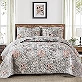 WONGS BEDDING Floral Quilt Set King Size, Grey Botanical King Bedspread Bedding Sets Soft Lightweight Microfiber Flower Gray Coverlet Set 3 Pieces for All Season (104"x90")