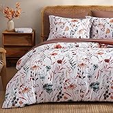 CASAAGUSTO Queen Comforter Set, 7 PCS White Floral Comforter Set with Terracotta Flowers Leaves Pattern, Soft Seersucker Design All Season Queen Bedding Set(90"X90")
