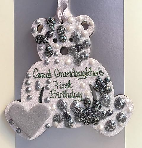 First Birthday Great Grandaughter Gift Keepsake Glitter Teddy Plaque Personalised On A Greetings Card Amazon Co Uk Handmade