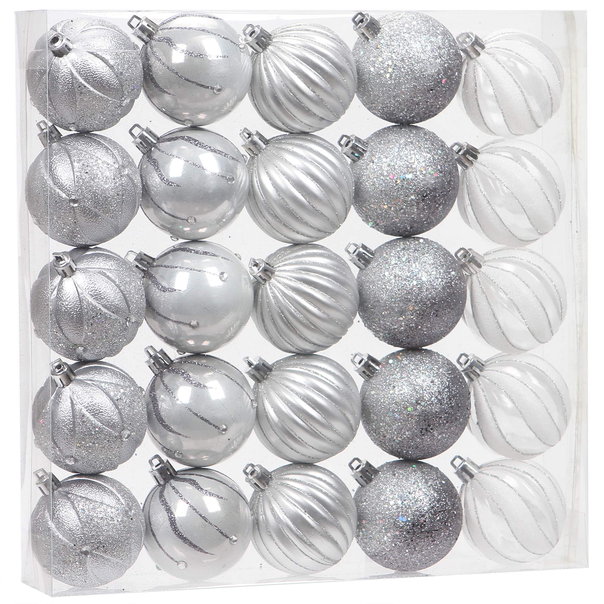 Sea Team 25-Pack Christmas Ball Ornaments with Strings, 60mm/2.36-Inch Medium Size Baubles, Shatterproof Plastic Christmas Bulbs, Hanging Decorations for Xmas Tree, Holiday, Wedding, Party, Silver