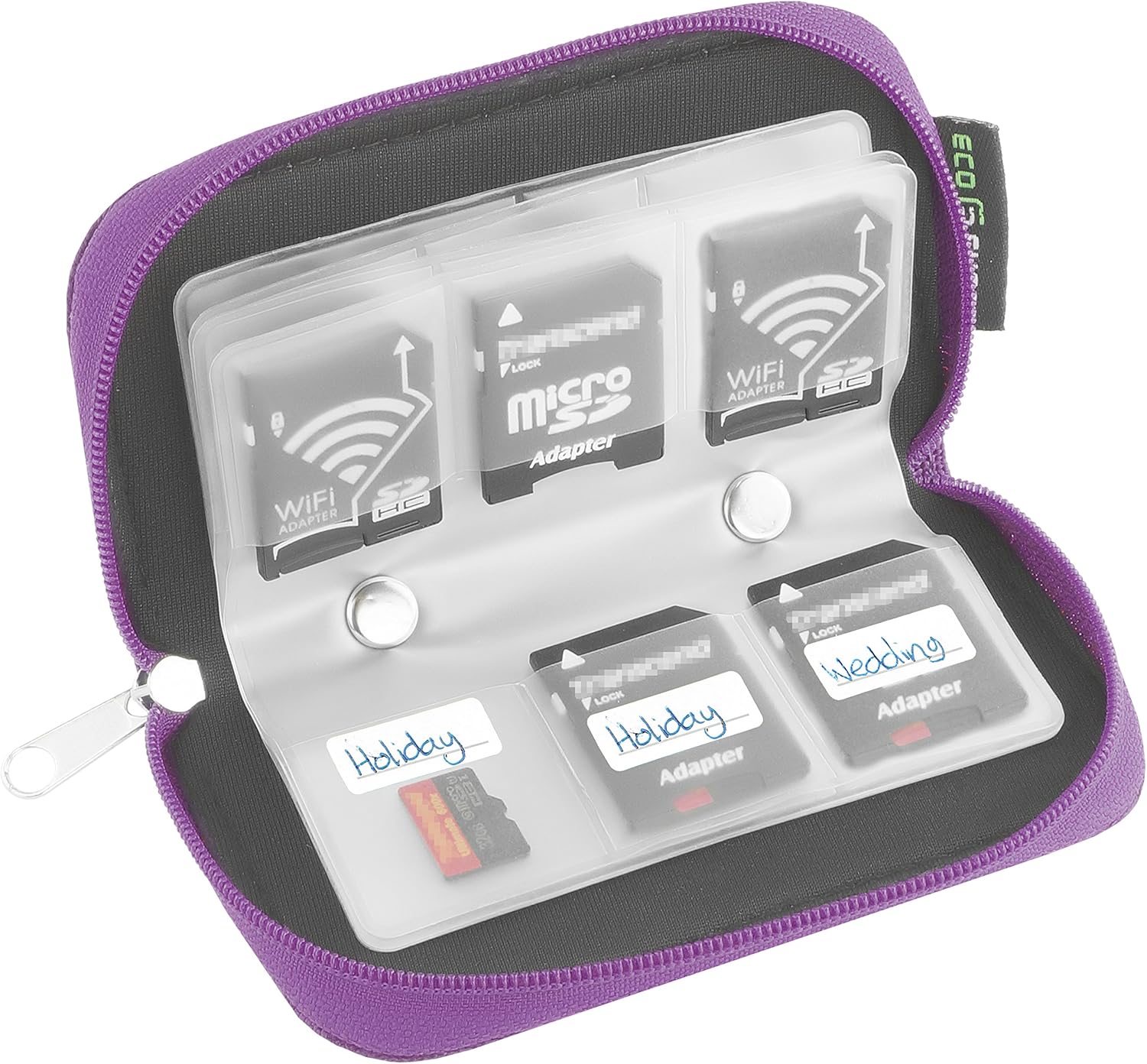 Eco-Fused Memory Card Case - Fits up to 22x SD, SDHC, Micro SD, Mini SD and 4X CF - Holder with 22 Slots (Purple) - Image 3