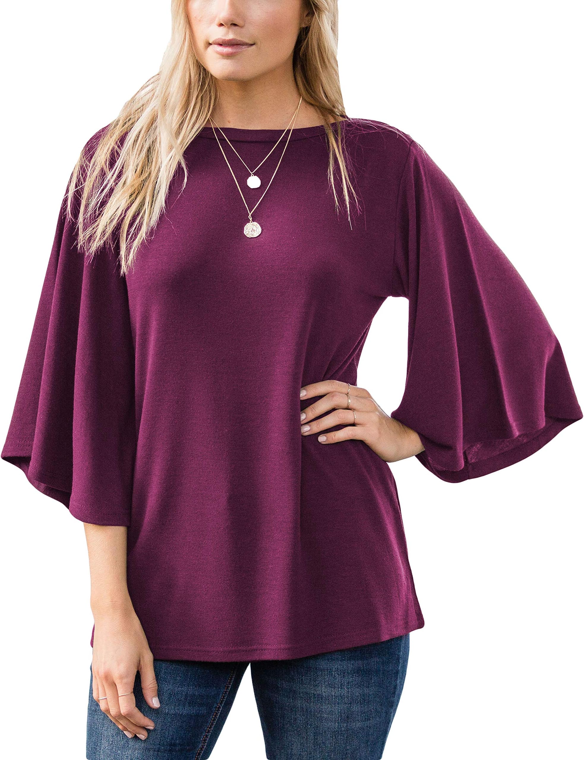 Amaryllis Apparel Women's Boatneck Flutter Bell Sleeve Blouse Top