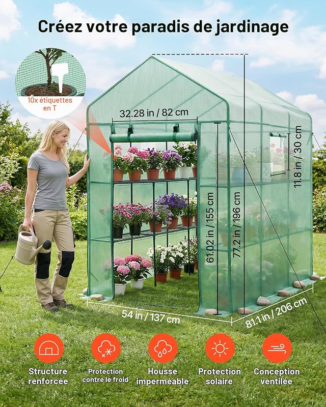Serre de Jardin avec 14 Étagères 2 Niveaux Serre de Jardin pour Plantes et Fleurs en Pot, avec Bâche en PE, 2 Fenêtres, Porte Zippée Enroulable, Charge par Niveau 15 kg, 137x206x196 cm, Vert