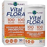 Vital Planet - Vital Flora Advanced Probiotic 100 Billion CFU, 100 Diverse Strains, 10 Organic Prebiotics, Immune Support, Digestive Health Shelf Stable Probiotics for Women and Men 30 Capsules