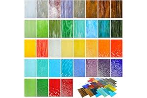 Layhit 36 Sheets Variety Stained Glass Sheets Pack 4 x 6 Inch Cathedral Art Glass Supplies Mosaic Tiles for Crafts Bright Color Iridescent for DIY Home(Colorful, Pure)
