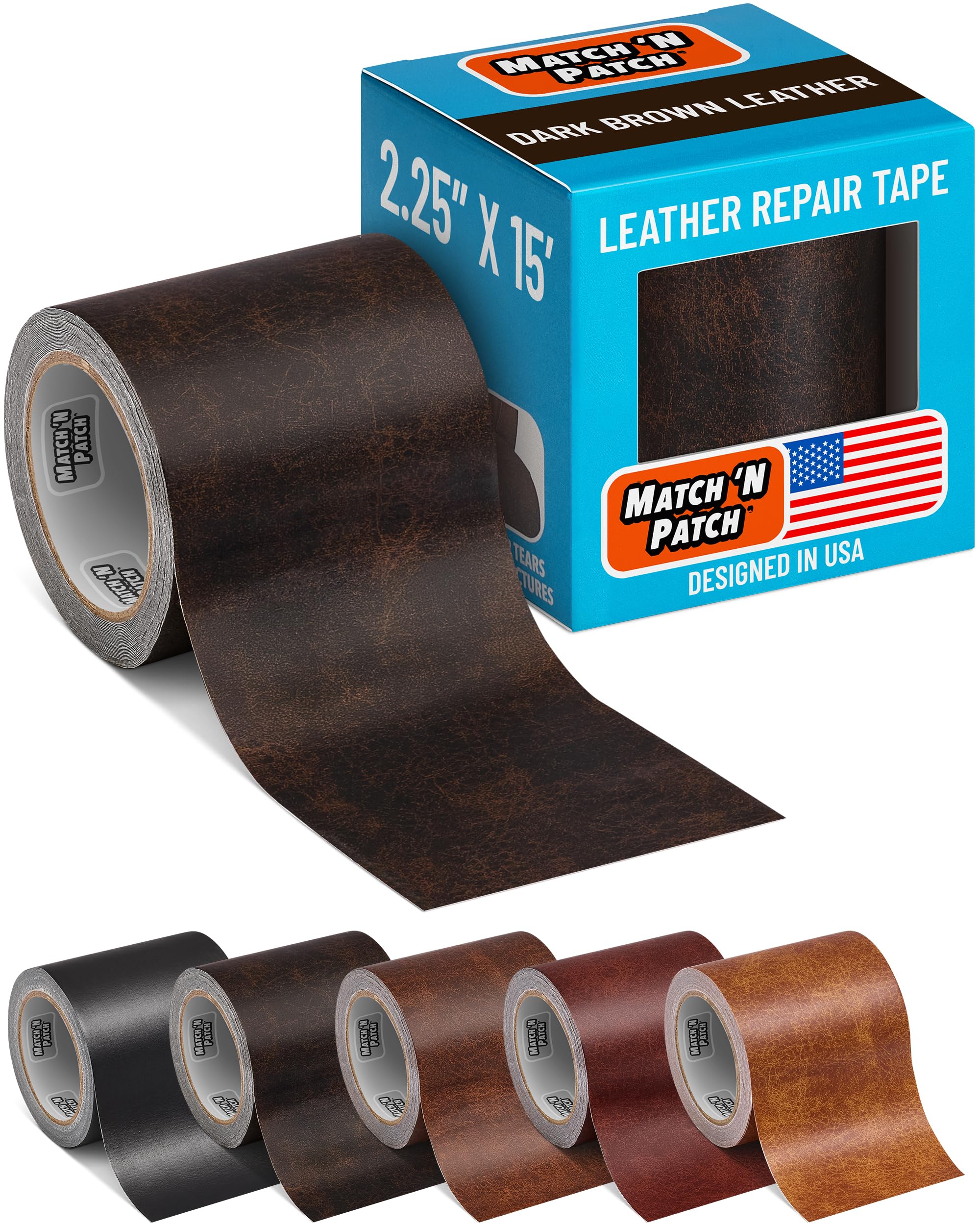 MATCH N' PATCH Realistic Printed Leather Repair Tape - Leather Pattern for Vinyl & Synthetic Repairs, Conceal Rips, Scratches, and Tears, for Furniture Fix & DIY Crafts, 15ft x 2.25" Roll, Dark Brown