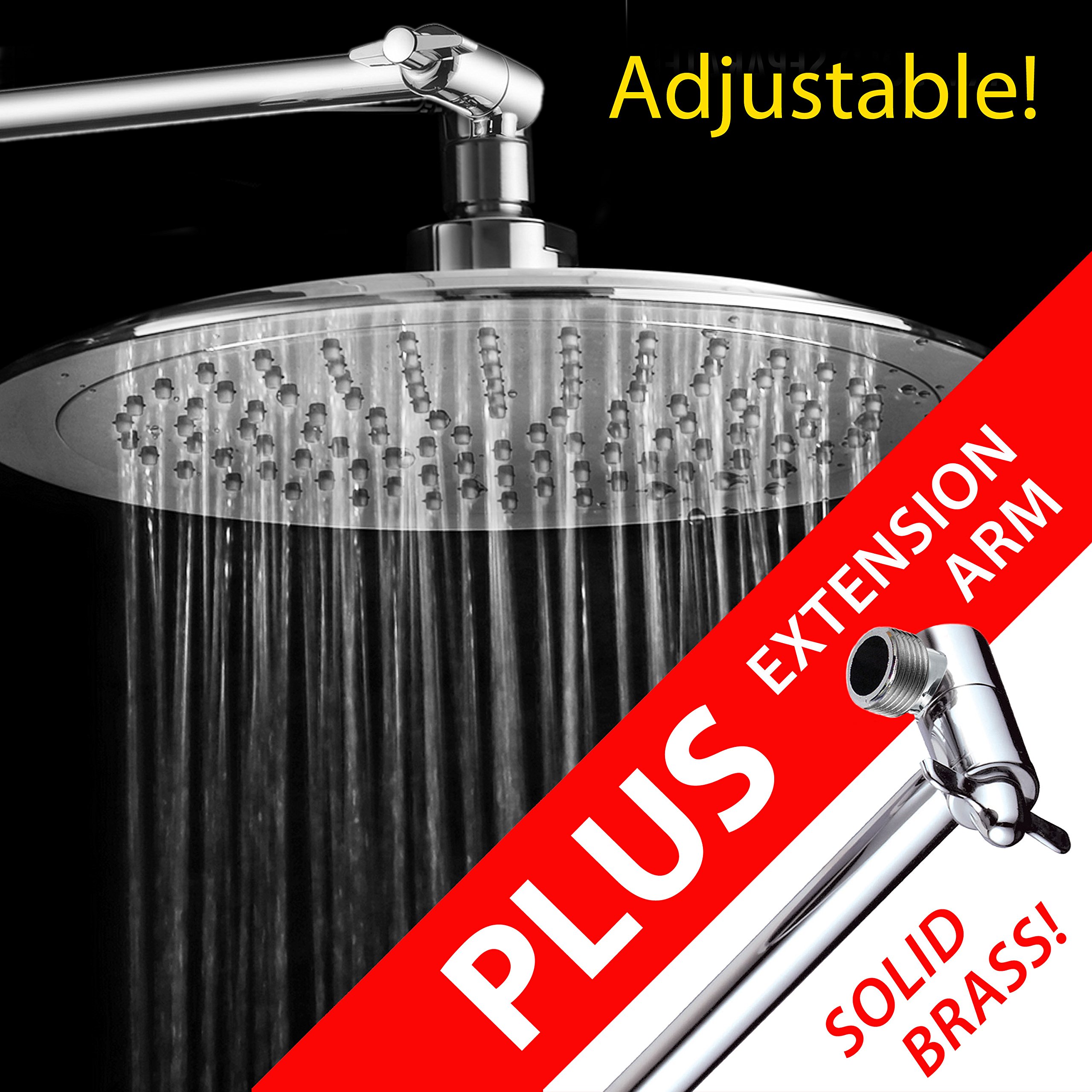 AquaSpa 9-inch Round Rain Shower Head (180 degrees Adjustable) PLUS HotelSpa 11 Inch Solid Brass Height/Angle Adjustable Extension Arm