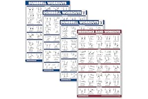 Palace Learning 4 Pack - Dumbbell Workout Posters Volume 1, 2 & 3 + Resistance Bands Exercise Chart - Set of 4 Posters