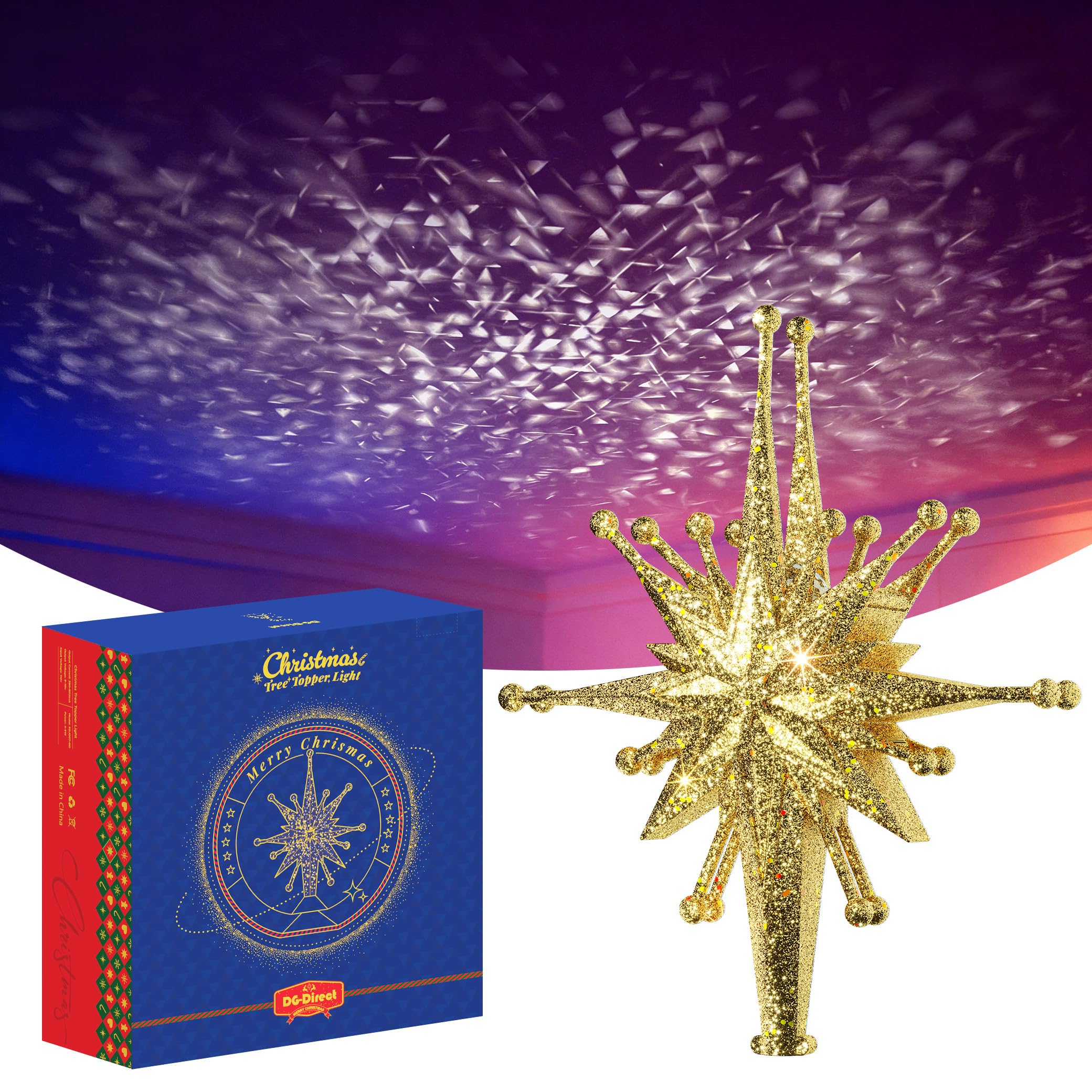 Photo 1 of 2025 Upgraded Christmas Tree Topper Projector Light with Rotating Bright LED & Wide Coverage, Universal Fit for Any Height Tree, Easy Install, Stable Base, Holiday & Party Decorations (Starlight Gold)