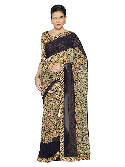 Womens Faux Georgette Printed Saree With Un-Stitched Blouse Fabric (4106 - Navy Blue, Multicolor - Free Size)