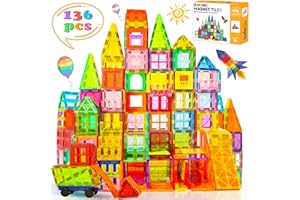 Stlloys Magnetic Tiles, 136 PCS Magnetic Building Blocks with 2 Cars, Magnet Tiles Construction Building Toys, STEM Sensory Toys Christmas Birthday Gifts for Toddlers Kids Boys 3 4 5 6 7 8 9+ Year Old