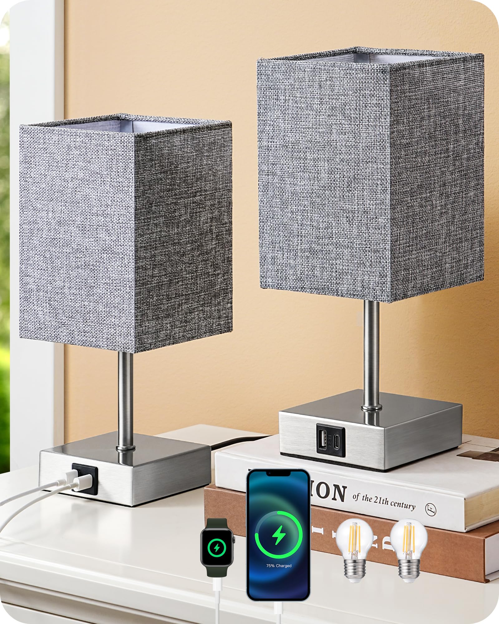 EDISHINE Bedside Lamps Set of 2, 3 Way Dimmable Table Lamp with USB A+C Charging Ports, Touch Lamps for Bedroom, Living Room, Grey (LED Bulbs Included) — image 1